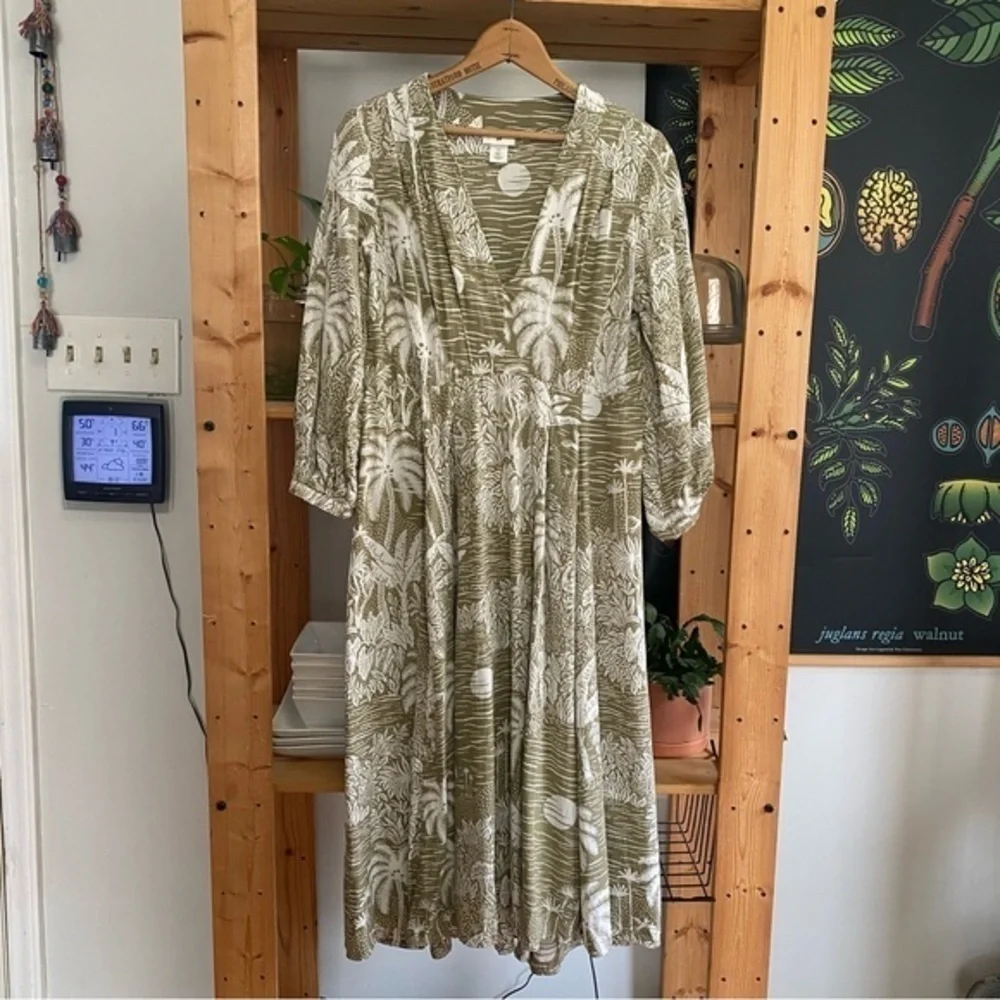 Desmond & Dempsey X H&M Green White Tropical Palm Print Linen Blend Midi Dress S - Picture 4 of 15